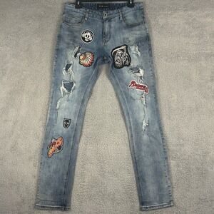 T2M Straight Leg Moto Jeans Patchwork Distressed Mens 32 Skinny Punk